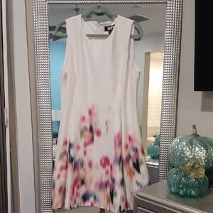 New DKNY Designer White Floral Fit & Flare Dress Size 14